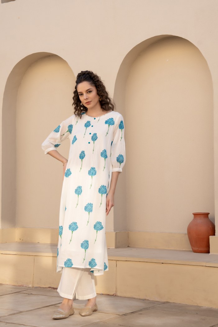 Ivory Blue Floral Printed Cotton Cord Set for Women