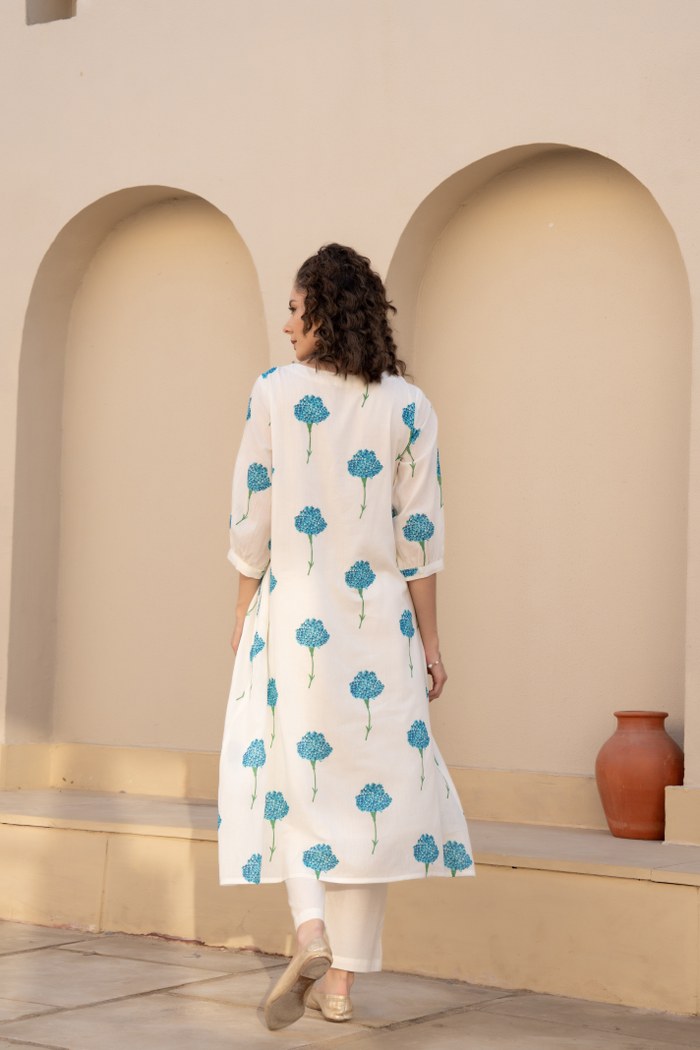 Ivory Blue Floral Printed Cotton Cord Set for Women