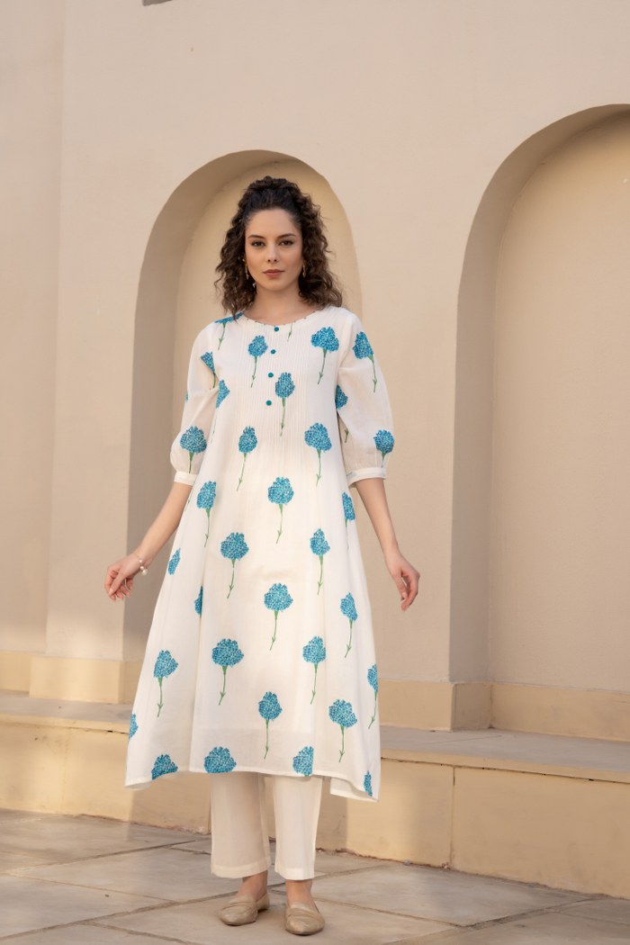 Ivory Blue Floral Printed Cotton Cord Set for Women