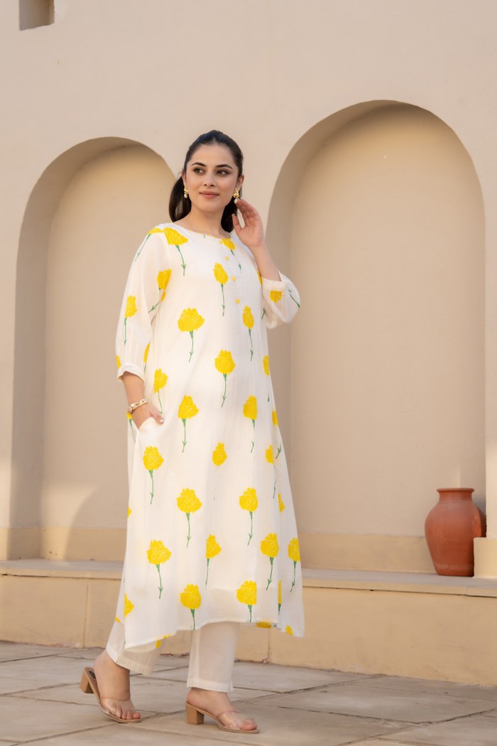 Ivory Yellow Floral Printed Cotton Cord Set for Women