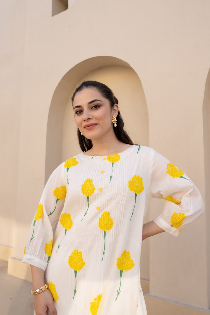 Ivory Yellow Floral Printed Cotton Cord Set for Women