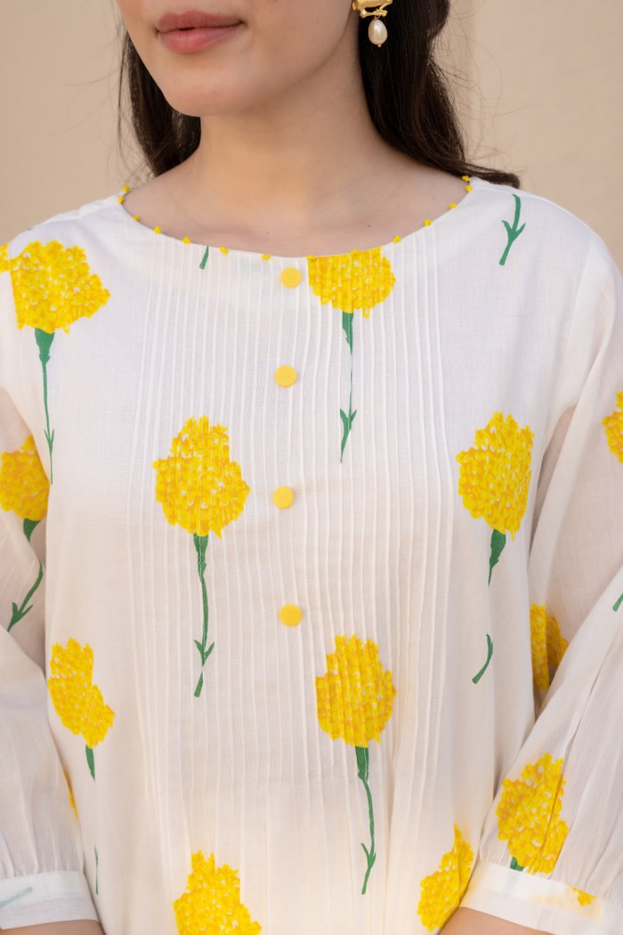 Ivory Yellow Floral Printed Cotton Cord Set for Women