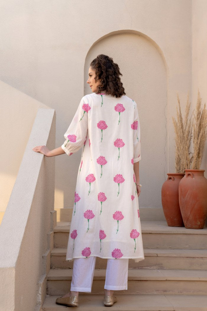 Ivory Pink Floral Printed Cotton Cord Set for Women