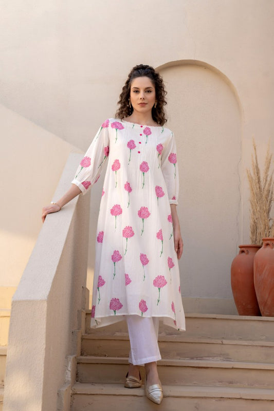Ivory Pink Floral Printed Cotton Cord Set for Women