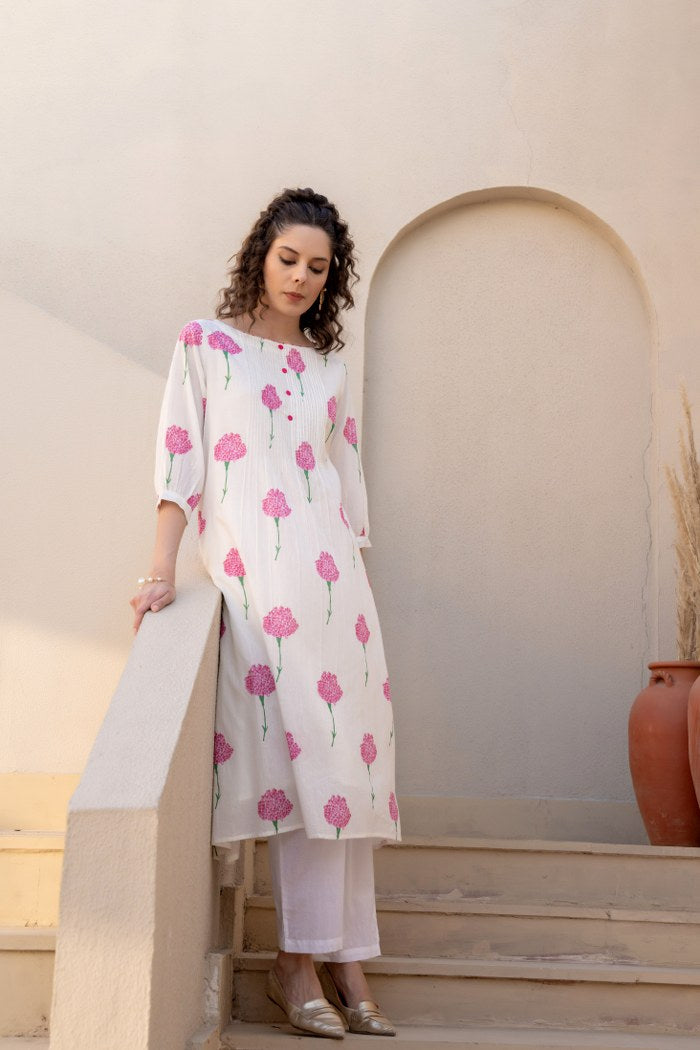 Ivory Pink Floral Printed Cotton Cord Set for Women
