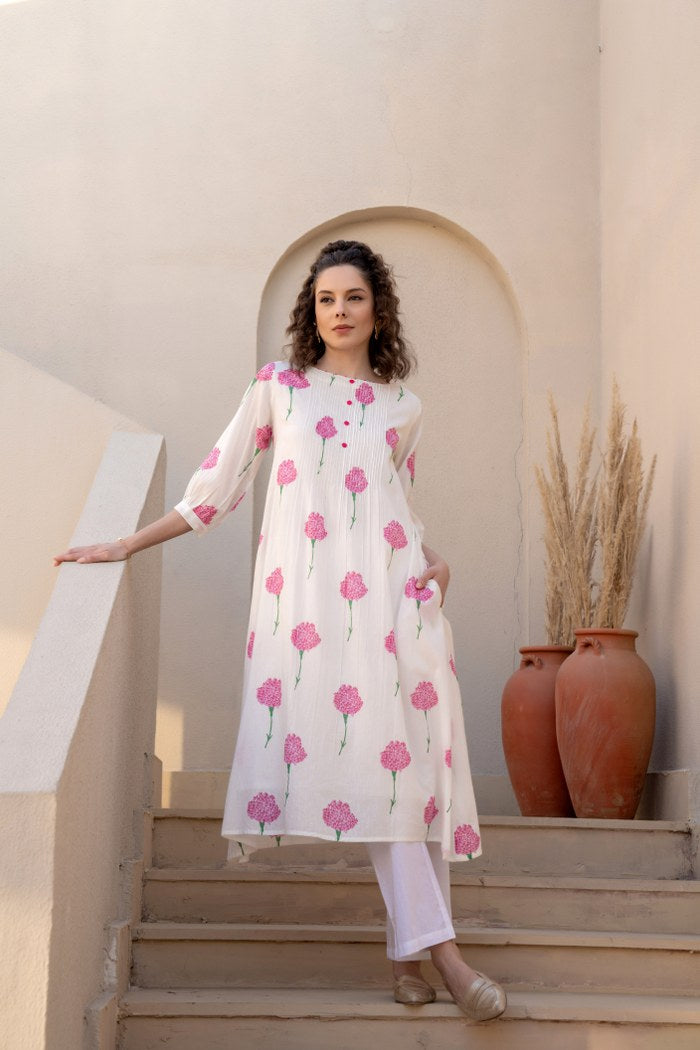 Ivory Pink Floral Printed Cotton Cord Set for Women