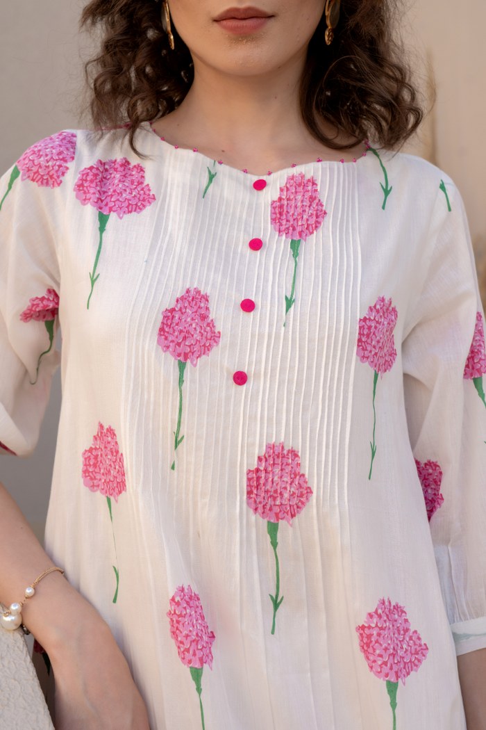 Ivory Pink Floral Printed Cotton Cord Set for Women