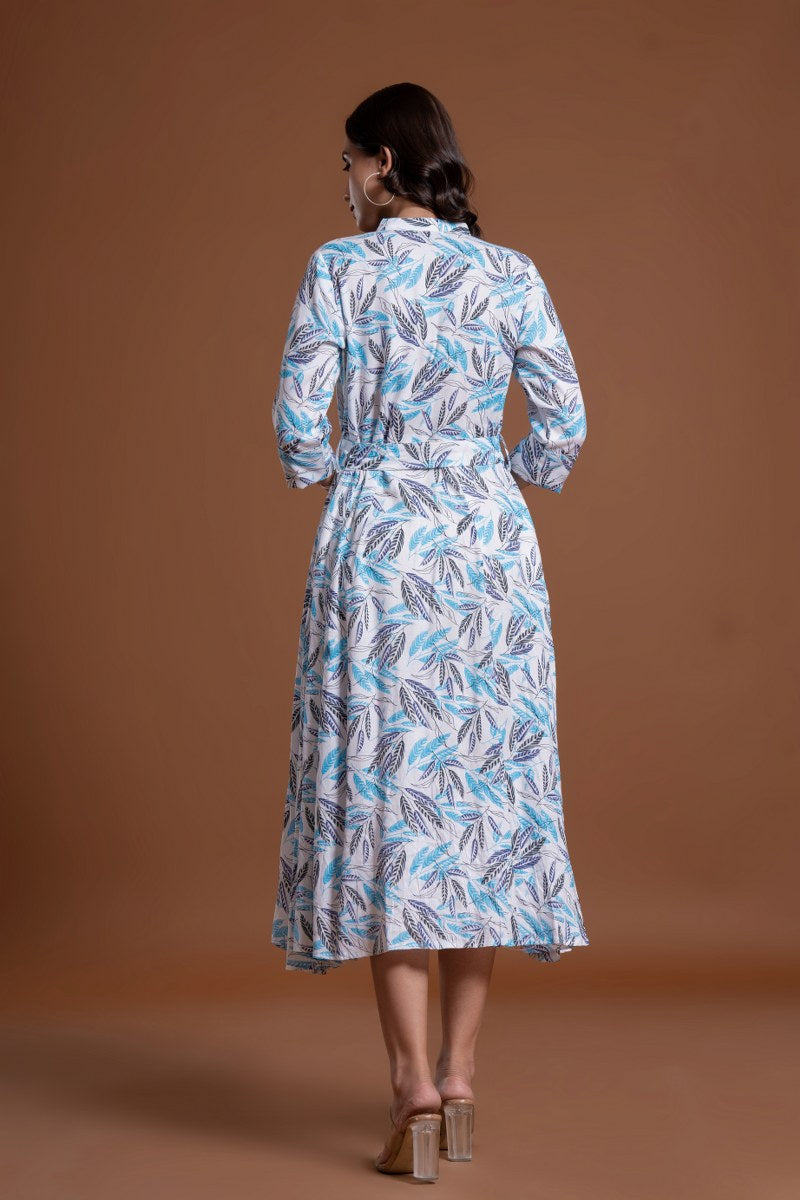 Women's White & Blue Leaf Print Belted A-Line Midi Dress