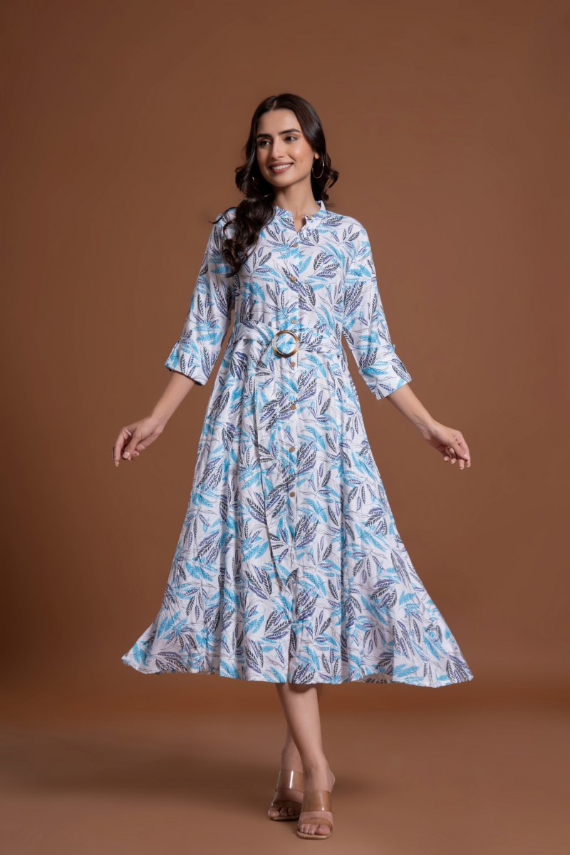 Women's White & Blue Leaf Print Belted A-Line Midi Dress
