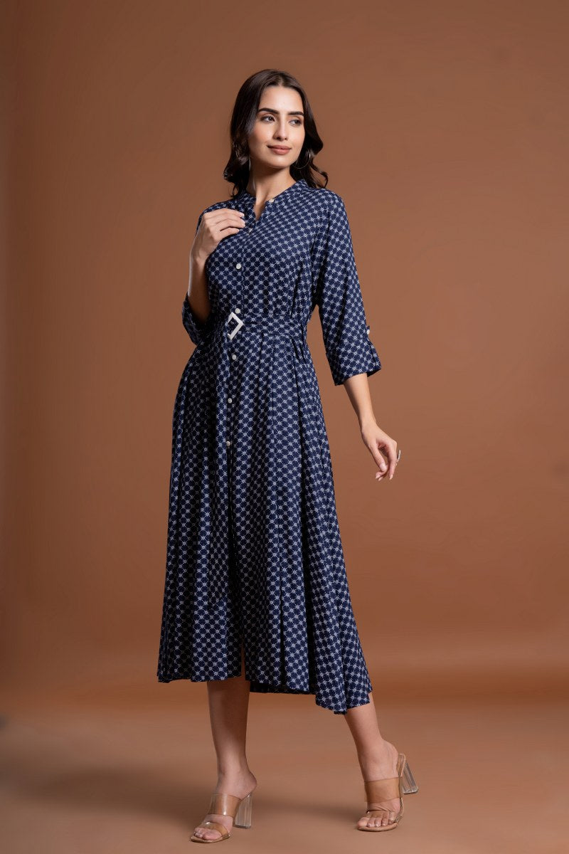 Women's Navy Blue Printed Belted A-Line Midi Dress