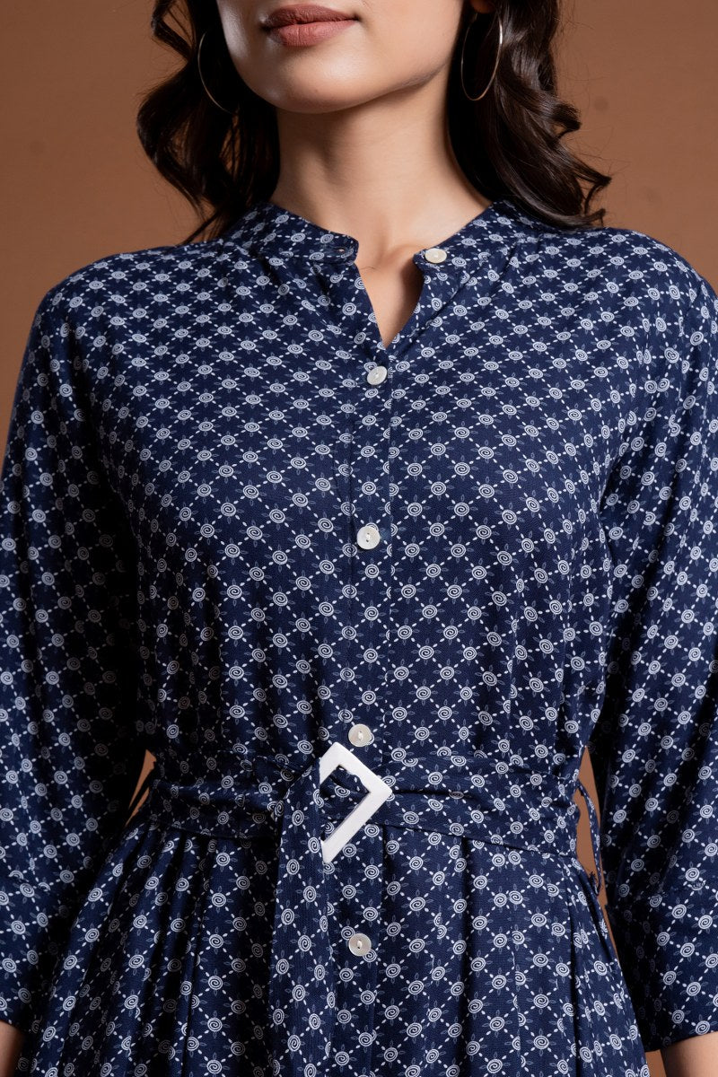 Women's Navy Blue Printed Belted A-Line Midi Dress