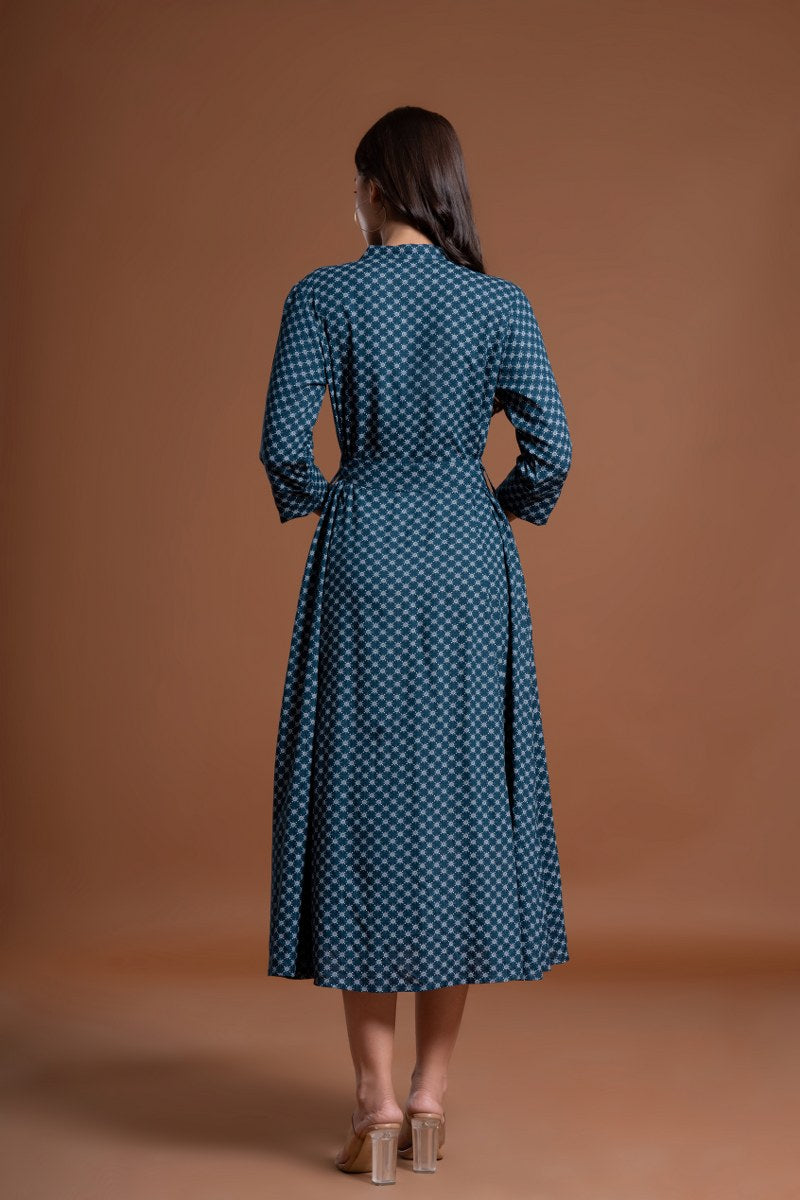 Women's Teal Blue Printed Belted A-Line Midi Dress