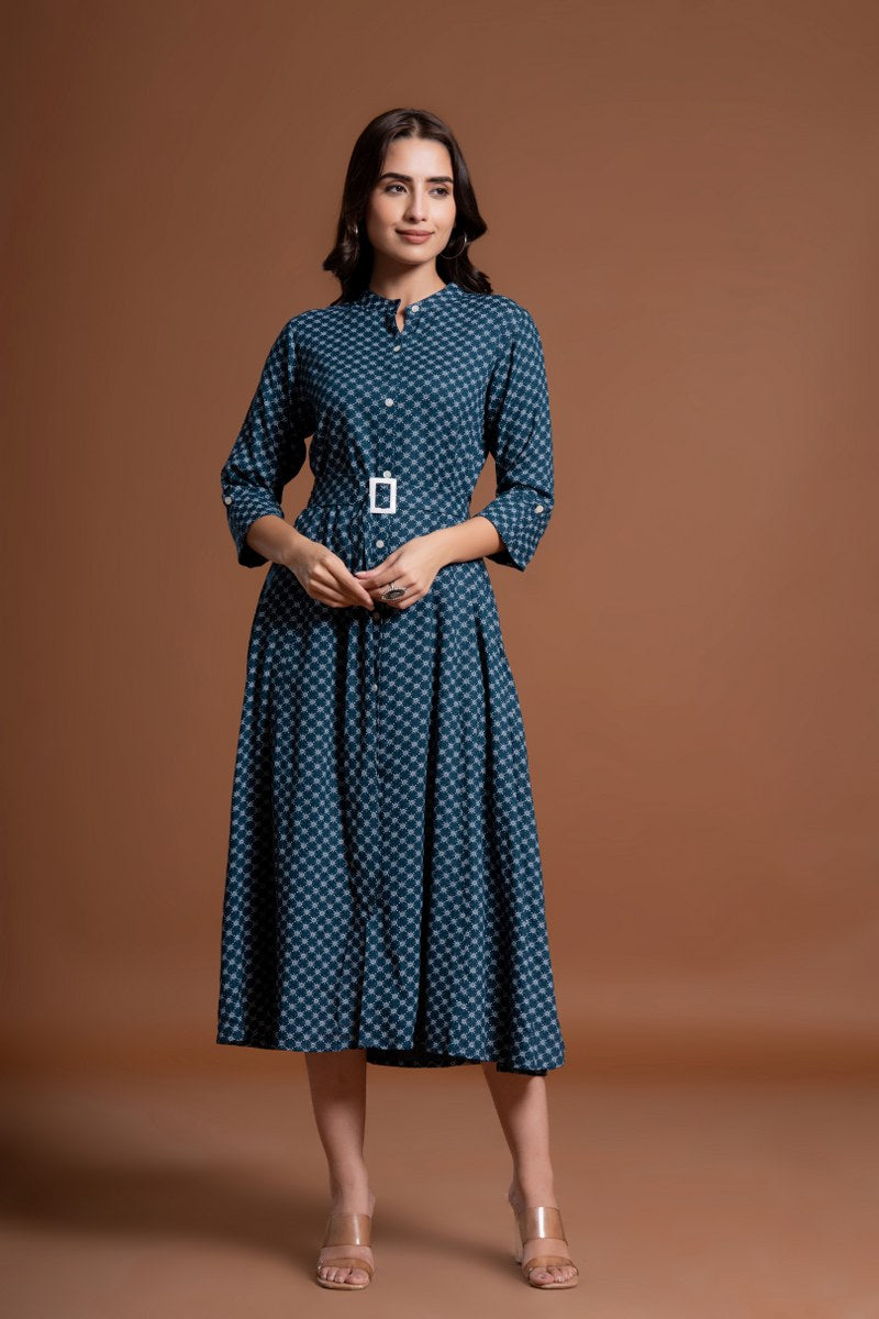 Women's Teal Blue Printed Belted A-Line Midi Dress