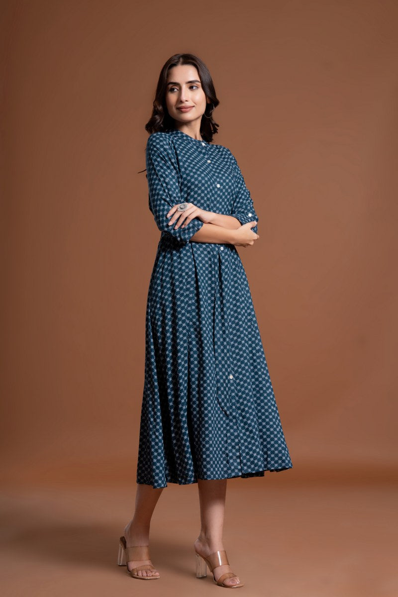 Women's Teal Blue Printed Belted A-Line Midi Dress