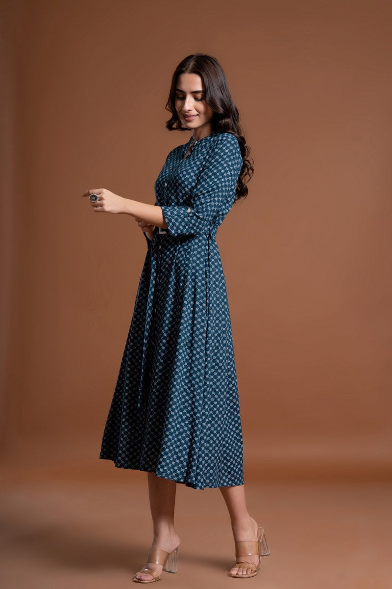 Women's Teal Blue Printed Belted A-Line Midi Dress