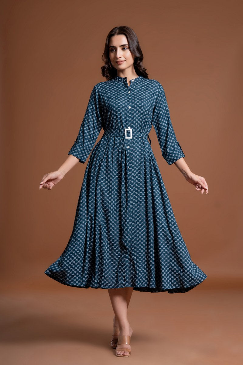 Women's Teal Blue Printed Belted A-Line Midi Dress