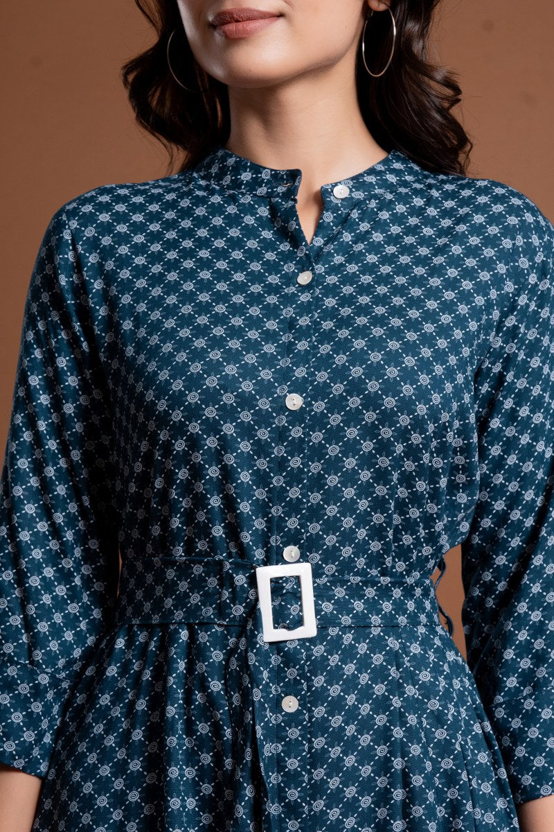 Women's Teal Blue Printed Belted A-Line Midi Dress