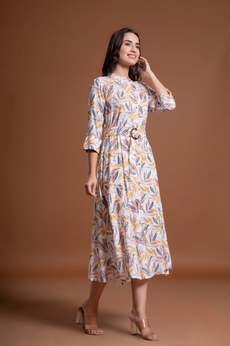 Women's White Leaf Print Belted A-Line Midi Dress