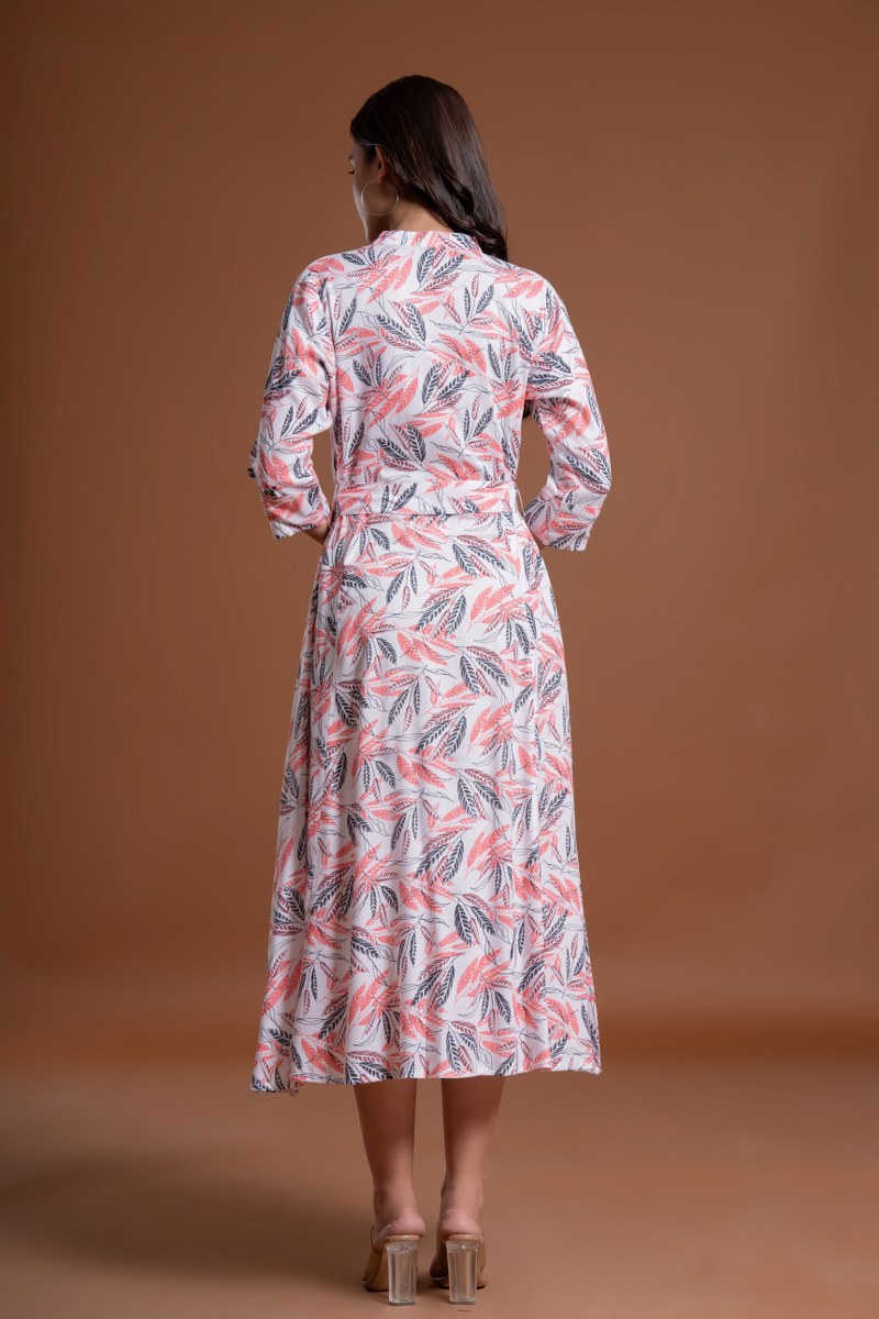 Women's White & Coral Leaf Print Belted A-Line Midi Dress