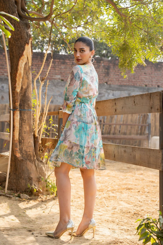 Pastel Blue & Peach Floral Embroidered A-Line Short Dress