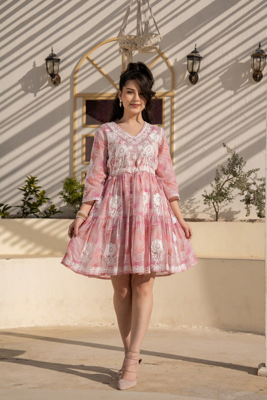 Baby Pink Floral Embroidered A-Line Short Dress