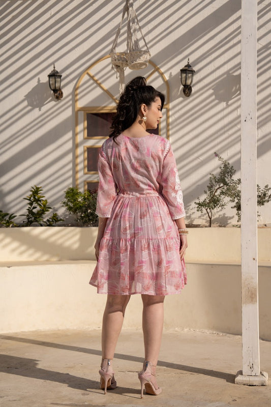 Baby Pink Floral Embroidered A-Line Short Dress