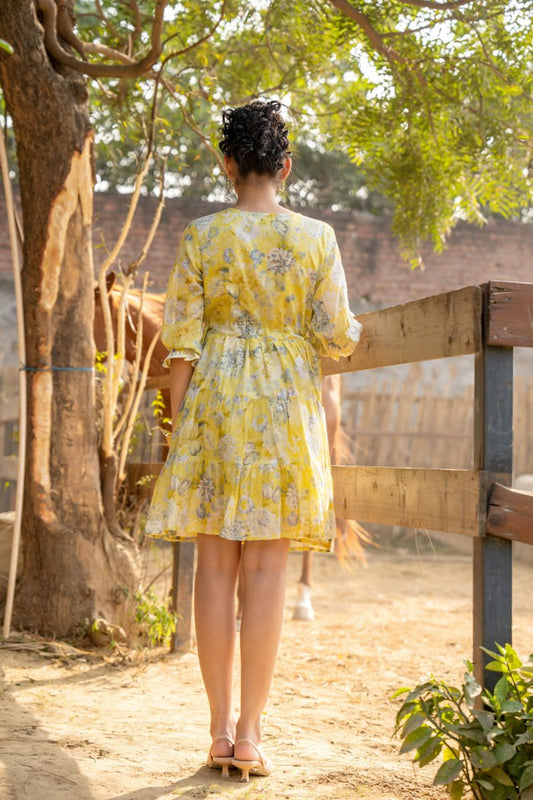 Lemon Yellow Floral Embroidered A-Line Short Dress