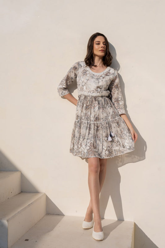 Ivory Beige Floral Embroidered A-Line Short Dress