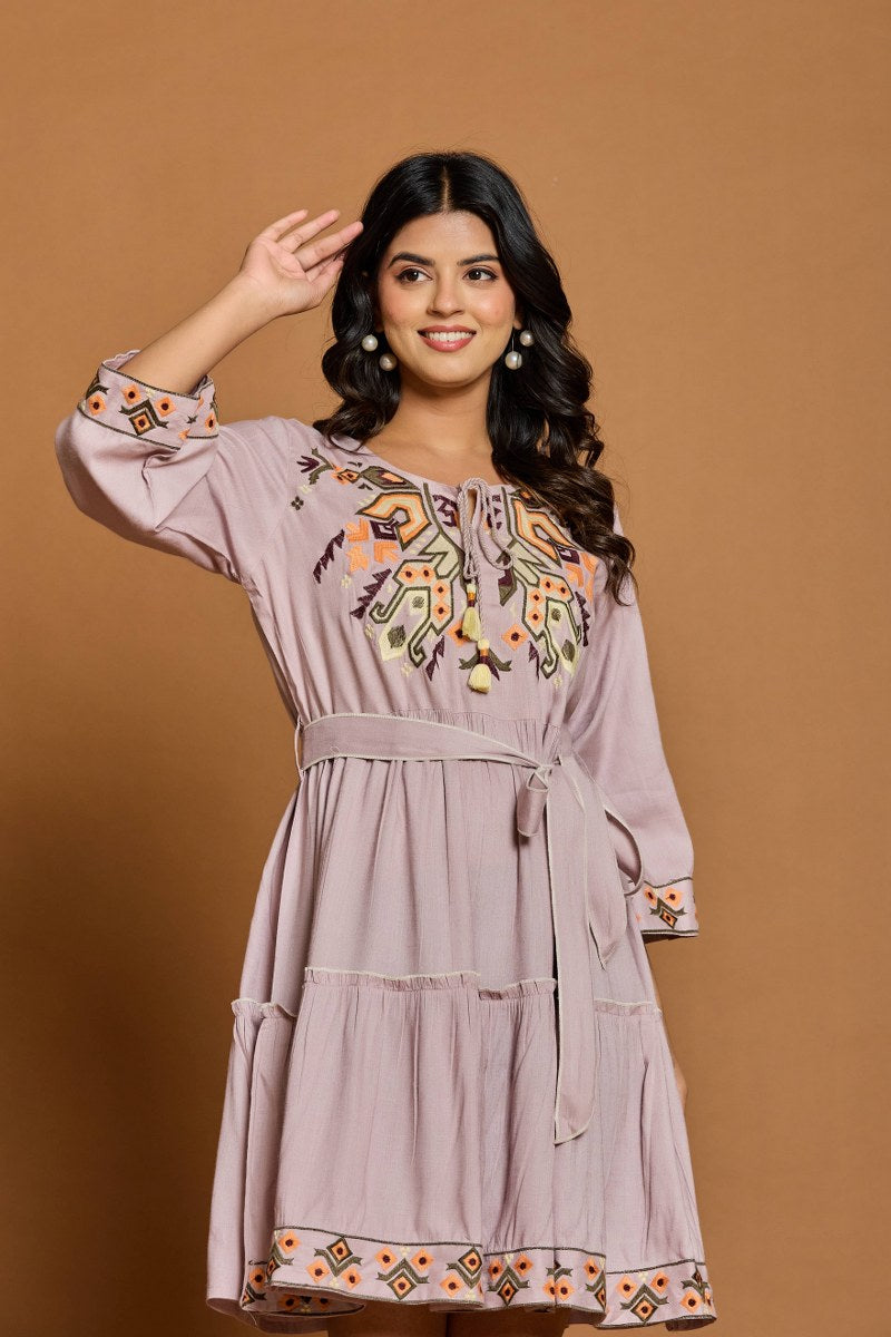 Dusty Mauve Embroidered A-Line Short Dress with Waist Belt