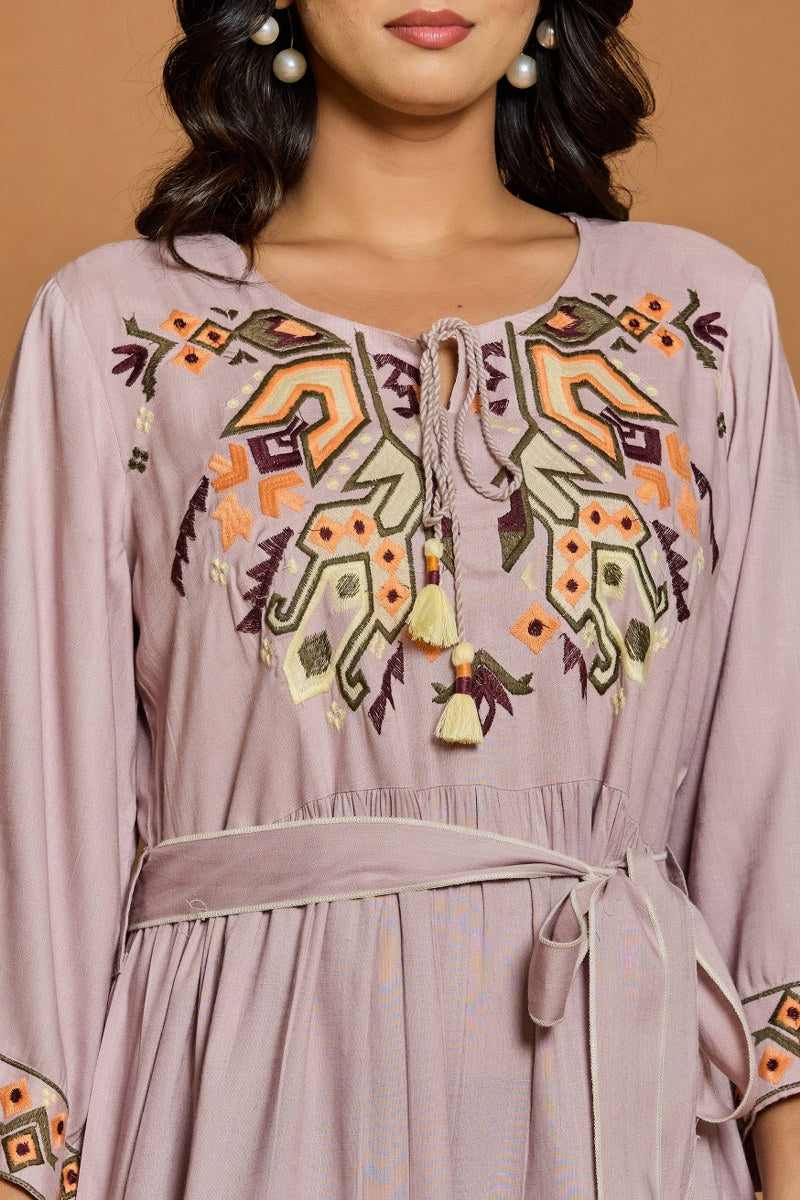 Dusty Mauve Embroidered A-Line Short Dress with Waist Belt