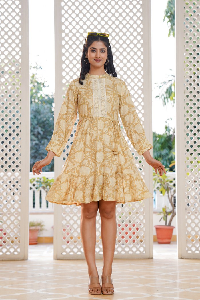 Beige Yellow Floral A-Line Short Dress with Lace Detailing