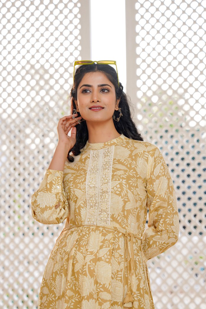 Beige Yellow Floral A-Line Short Dress with Lace Detailing