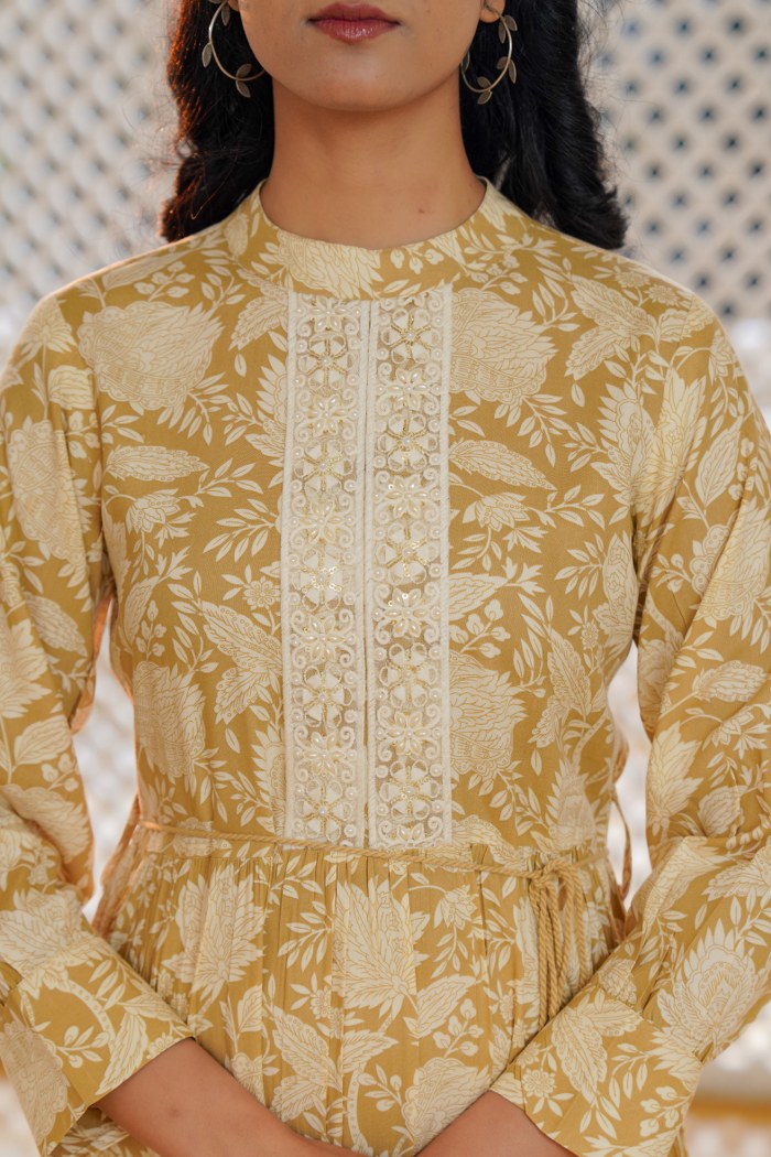 Beige Yellow Floral A-Line Short Dress with Lace Detailing