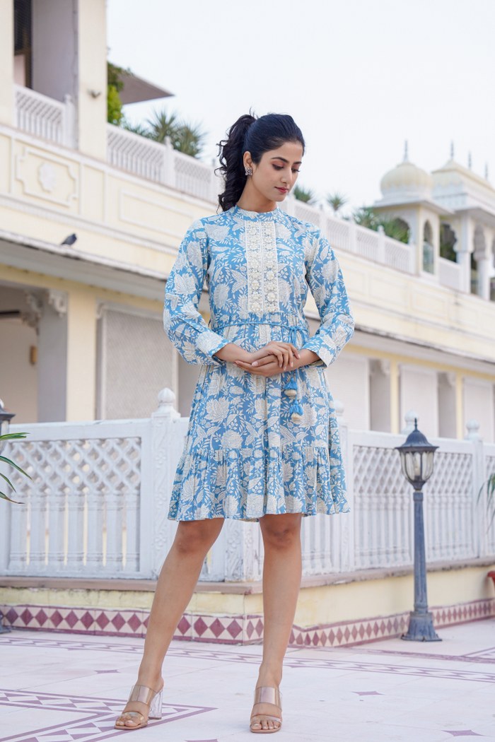 Sky Blue Floral A-Line Short Dress with Lace Detailing