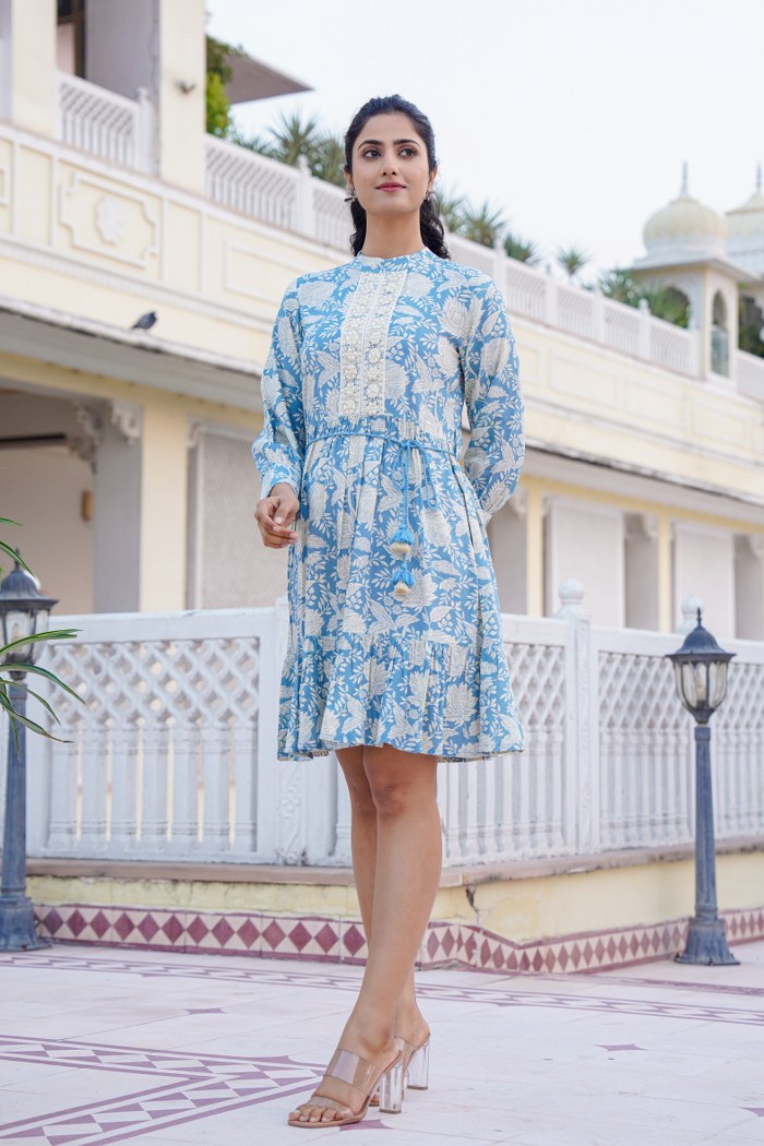 Sky Blue Floral A-Line Short Dress with Lace Detailing