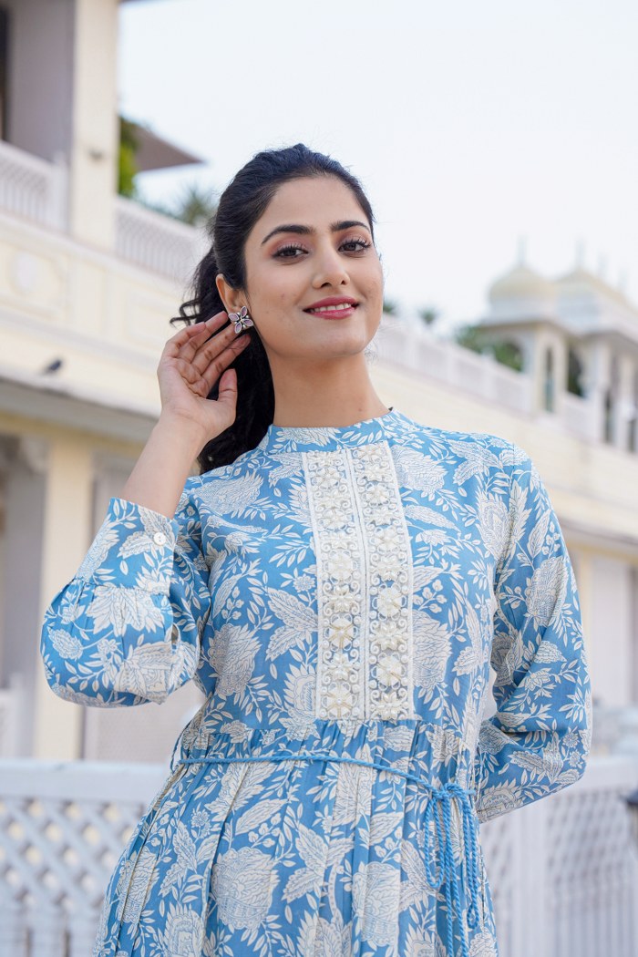 Sky Blue Floral A-Line Short Dress with Lace Detailing