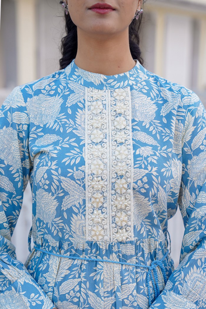 Sky Blue Floral A-Line Short Dress with Lace Detailing