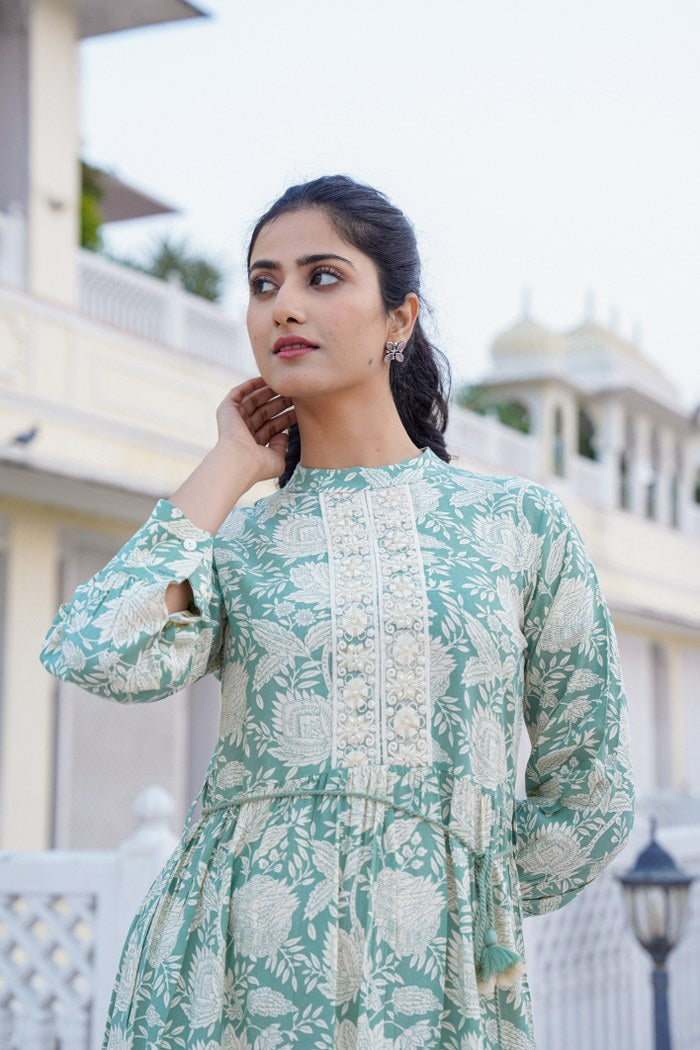 Mint Green Floral A-Line Short Dress with Lace Placket