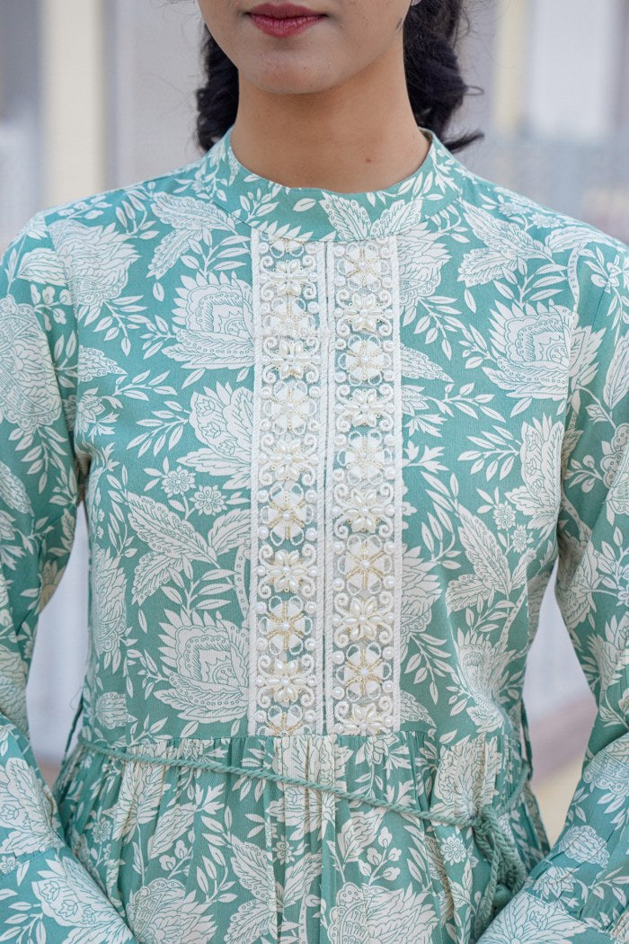 Mint Green Floral A-Line Short Dress with Lace Placket