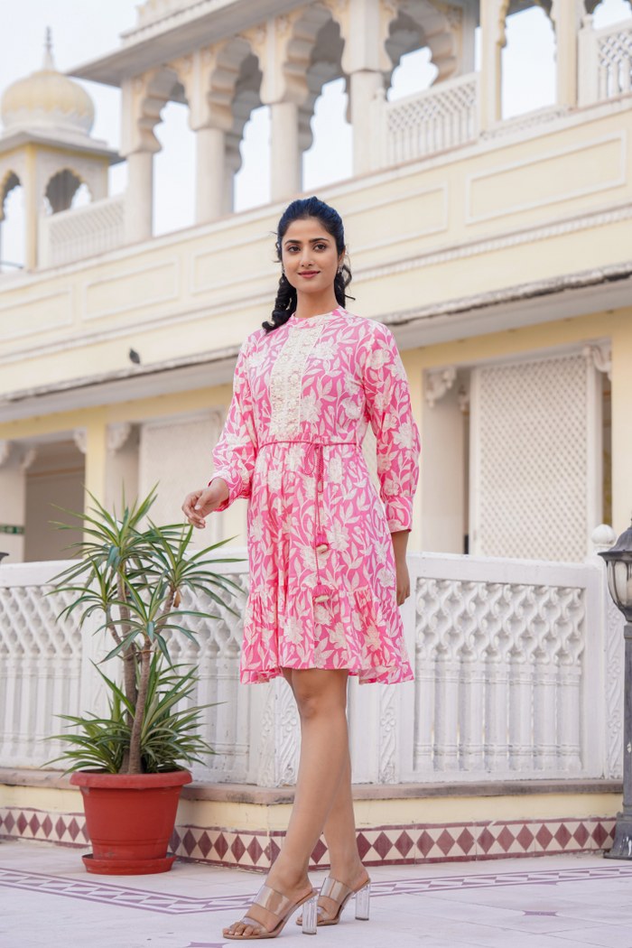 Pink Floral A-Line Short Dress with Lace Detailing
