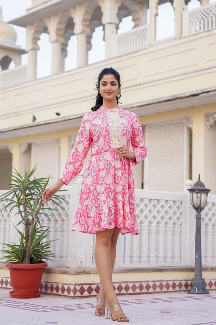 Pink Floral A-Line Short Dress with Lace Detailing