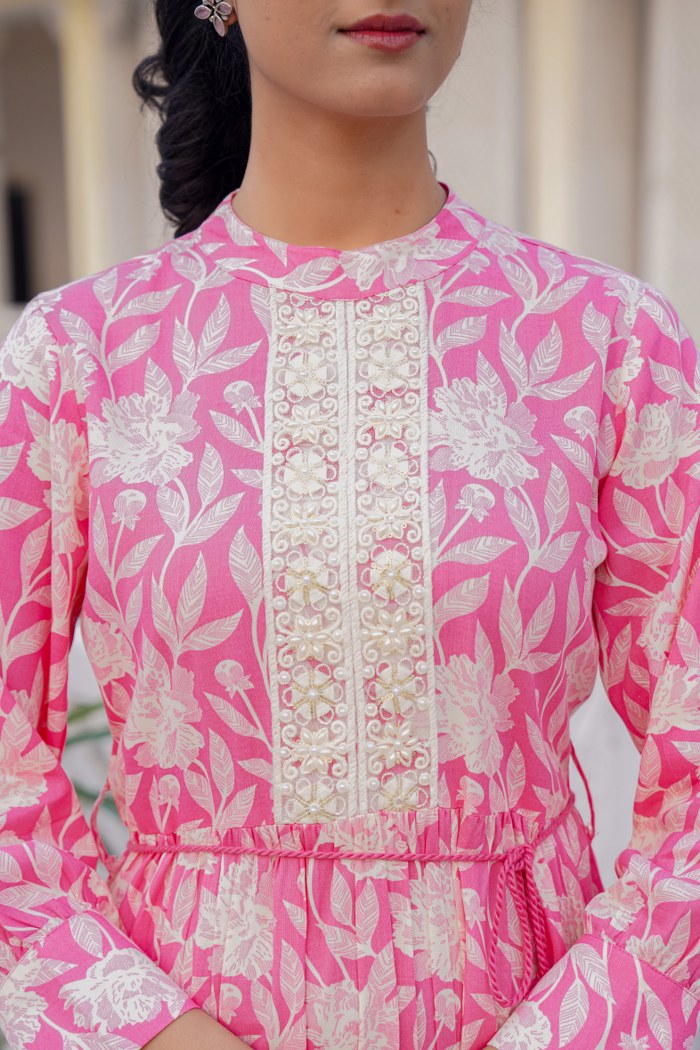 Pink Floral A-Line Short Dress with Lace Detailing