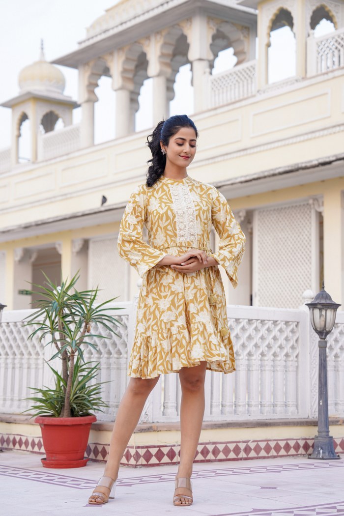 Mustard Yellow Floral A-Line Short Dress with Lace Detailing