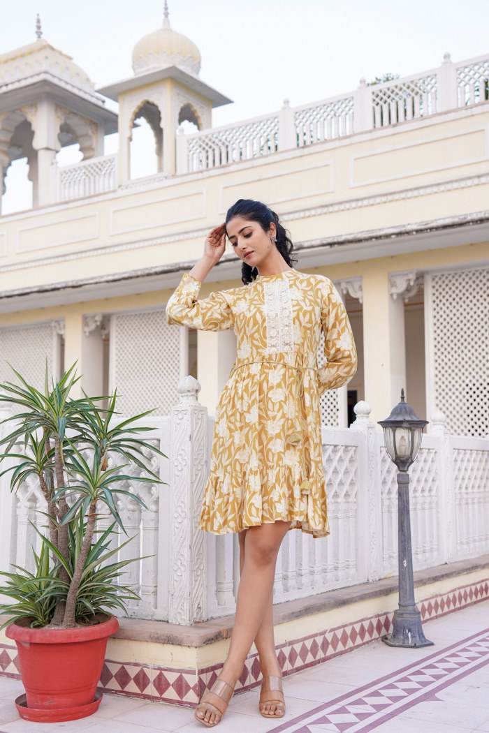 Mustard Yellow Floral A-Line Short Dress with Lace Detailing