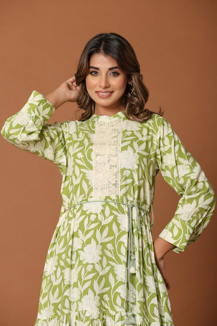 Olive Green Floral A-Line Short Dress with Lace Placket