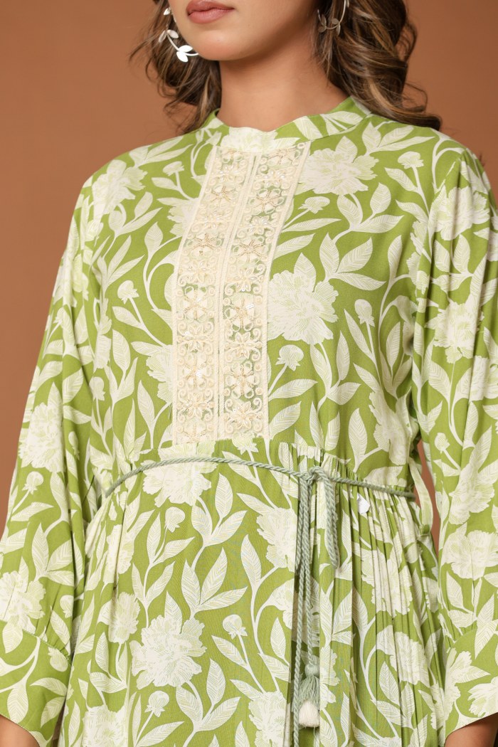 Olive Green Floral A-Line Short Dress with Lace Placket