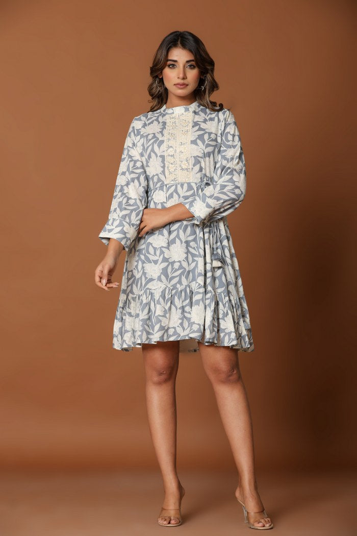 Dusty Blue Floral A-Line Short Dress with Lace Placket