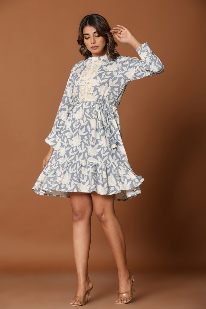 Dusty Blue Floral A-Line Short Dress with Lace Placket