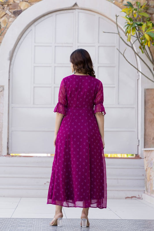 Magenta Georgette Mirror Work Midi Dress