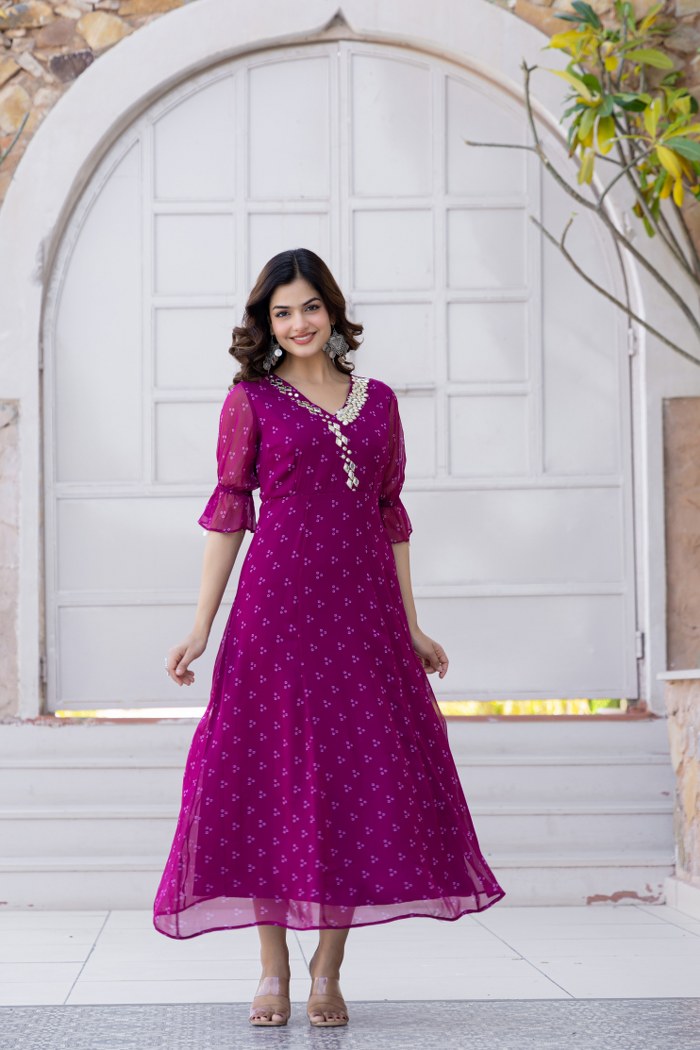 Magenta Georgette Mirror Work Midi Dress